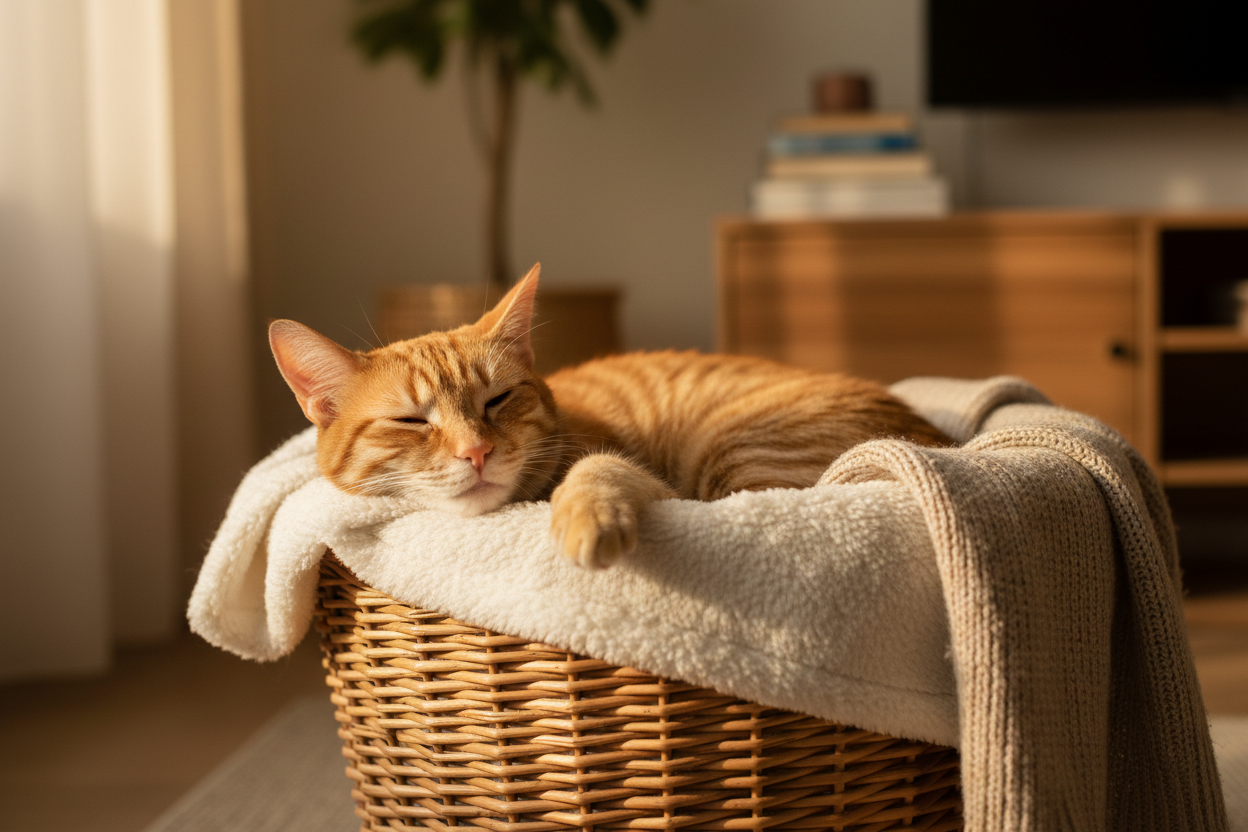 un chat dans un panier cosy qui donne l'impression d'etre tres heureux un bon chat d'appartement