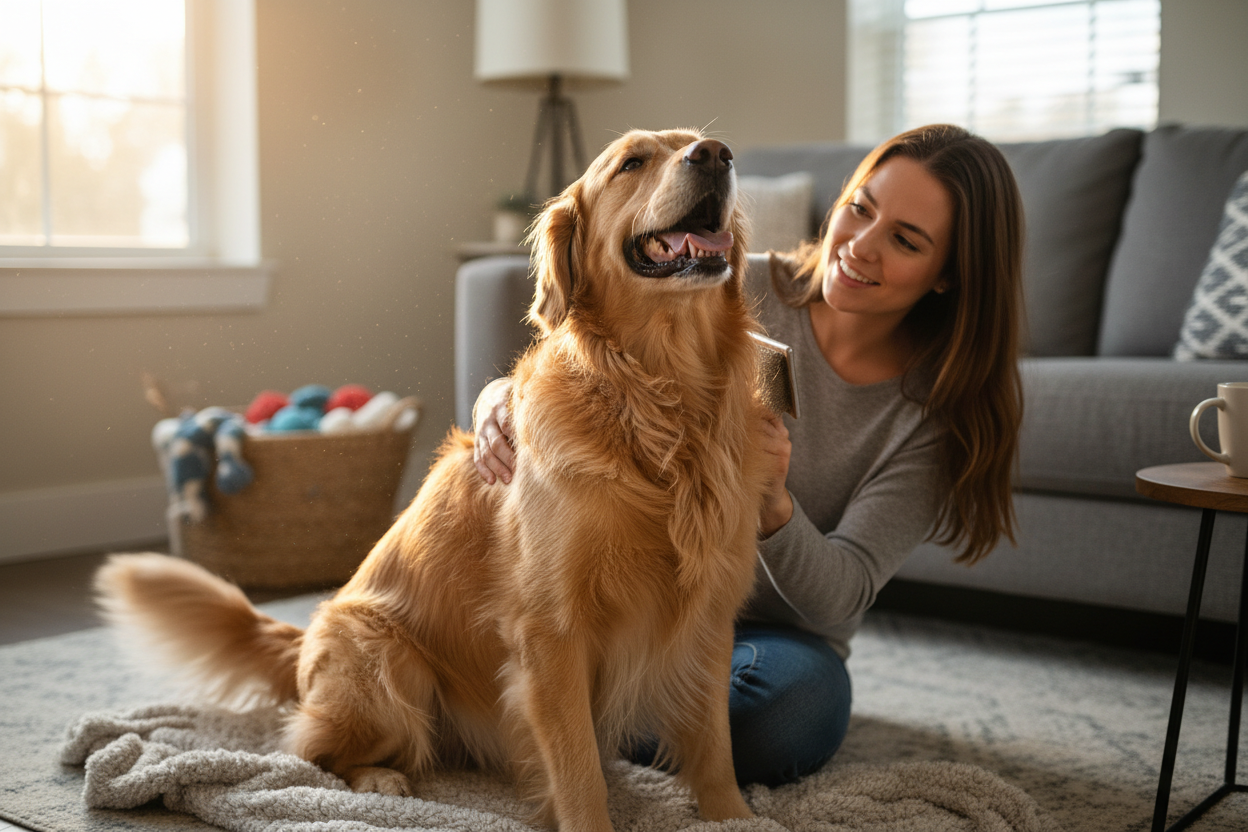 un chien qui se fait brosser par son maitre ils sont heureux ensemble