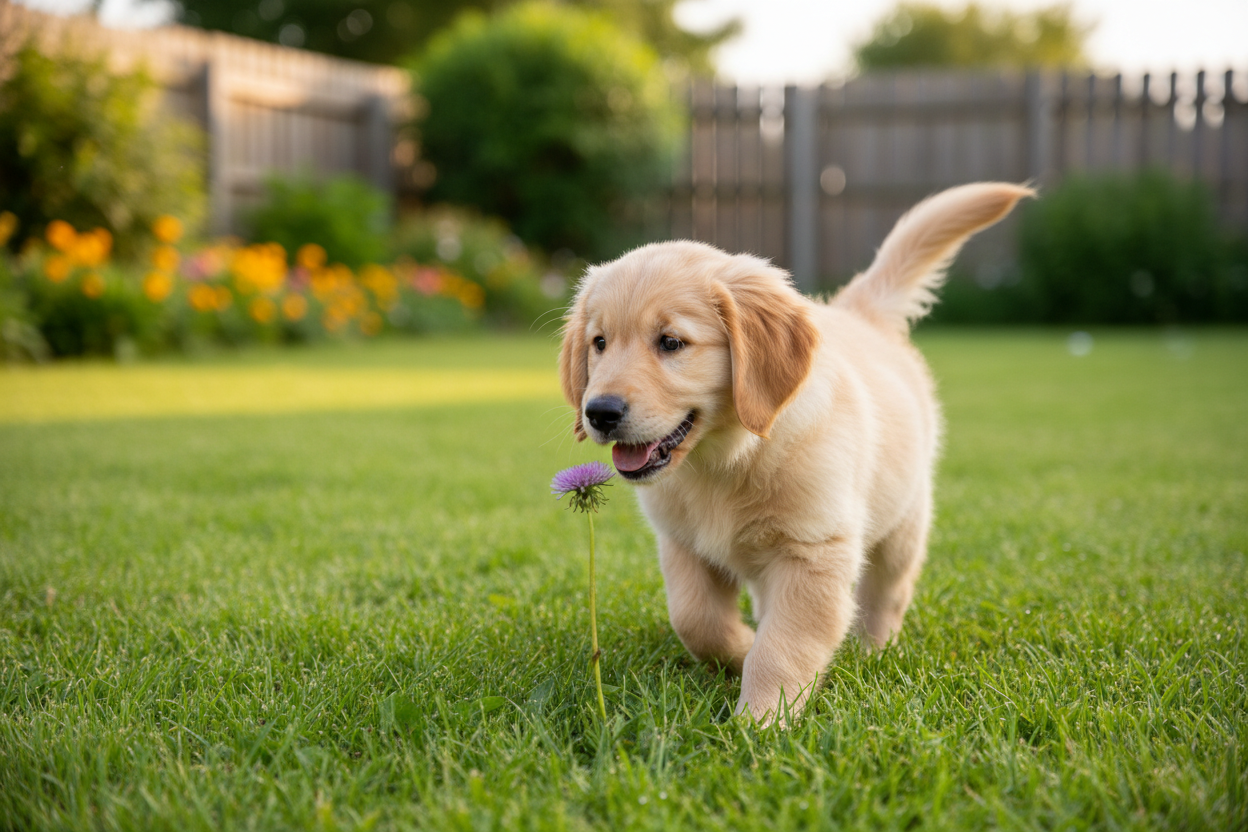 un joli chiot tout mignon qui donne envie de le caliner, il est en exterieur il marche sur une pelouse il a l'air heureux d'être la et d'apprendre de nouvelles choses et de jouer